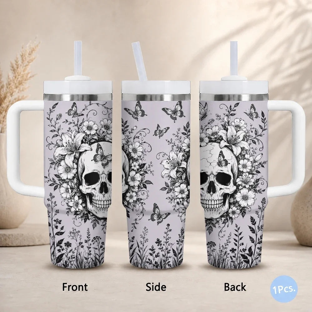 40oz Gothic Skull & Floral Insulated Tumbler with Handle