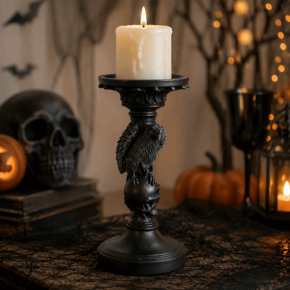 Gothic Skull & Raven Candle Holder | Dark Decor