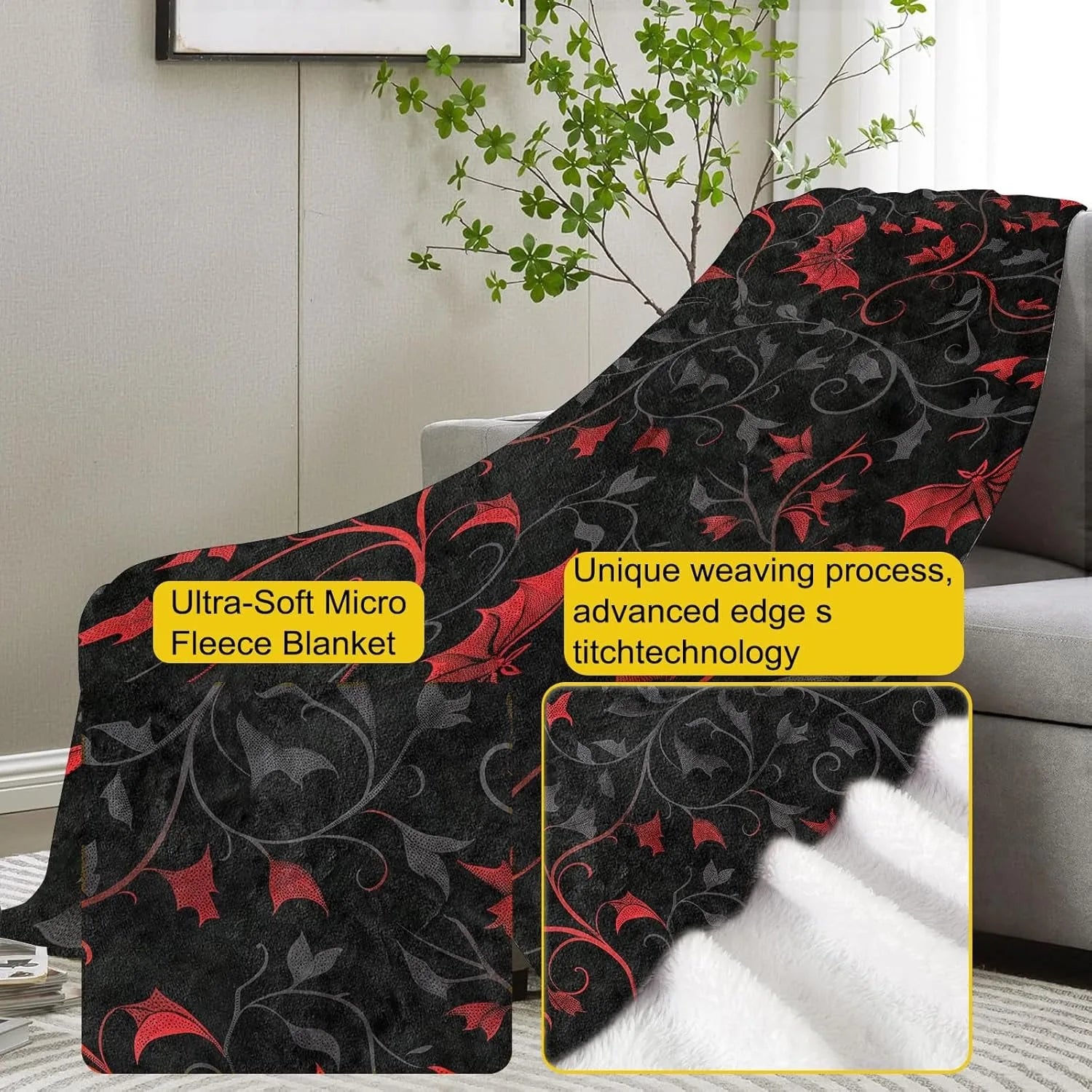 Gothic Bat Throw Blanket | Black & Red Halloween Decor