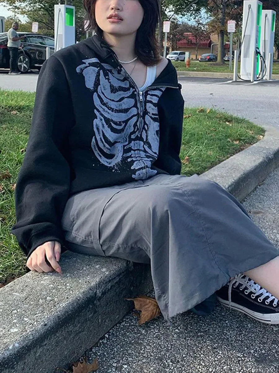 Oversized Skeleton Ribcage Zip-Up Hoodie