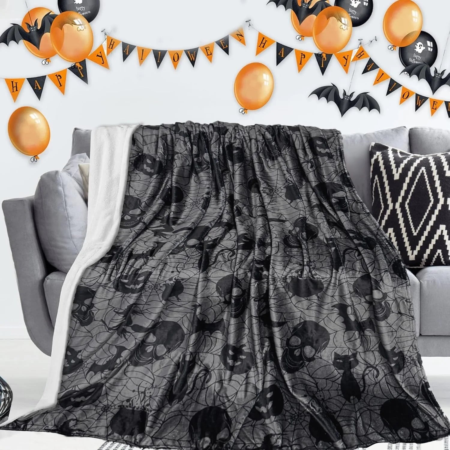 Gothic Halloween Throw Blanket | Skulls, Bats & Pumpkin Decor