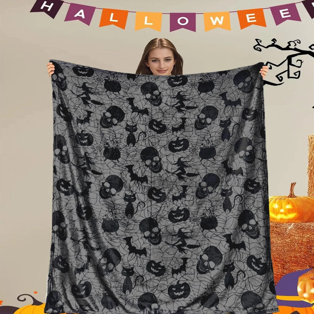 Gothic Halloween Throw Blanket | Skulls, Bats & Pumpkin Decor