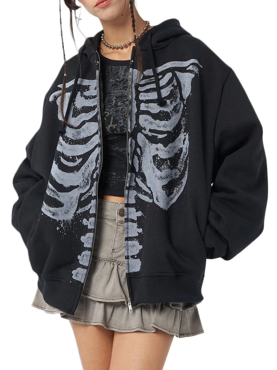 Oversized Skeleton Ribcage Zip-Up Hoodie