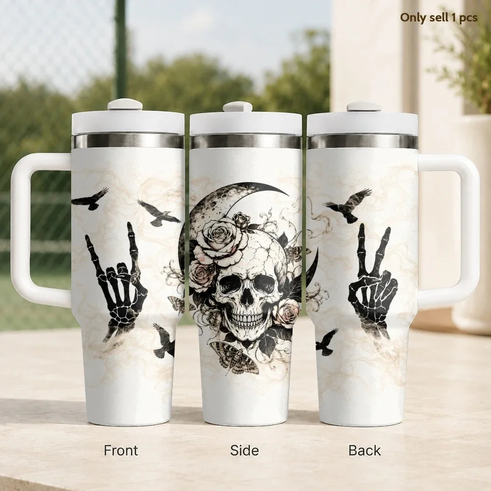 40oz Gothic Skull & Raven Insulated Tumbler with Handle