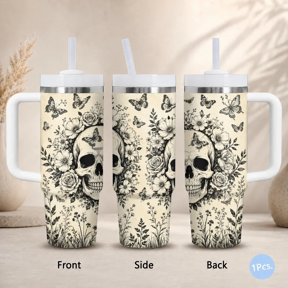 40oz Gothic Skull & Floral Insulated Tumbler with Handle