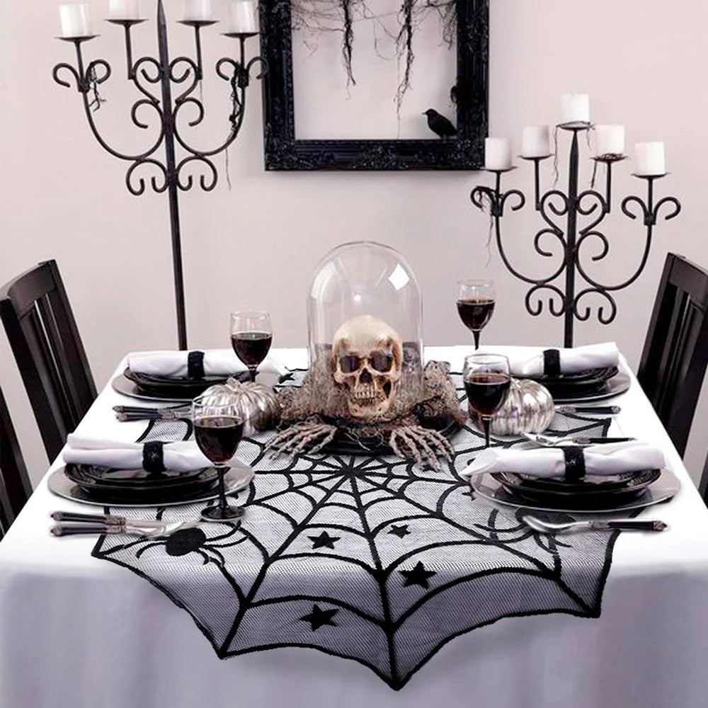 Gothic Halloween Lace Table Runner | Spider Web & Skull Decor