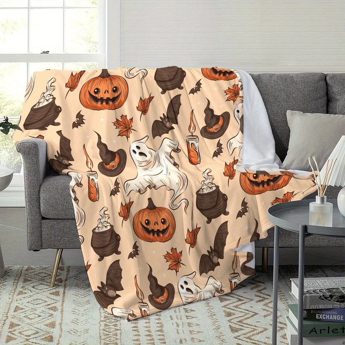 Cozy Ghost & Pumpkin Halloween Throw Blanket