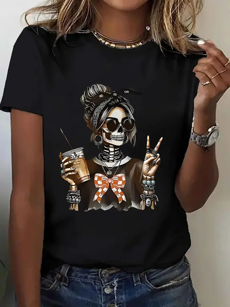 Spooky Skeleton Halloween T-Shirt – Women’s Witch Graphic Tee