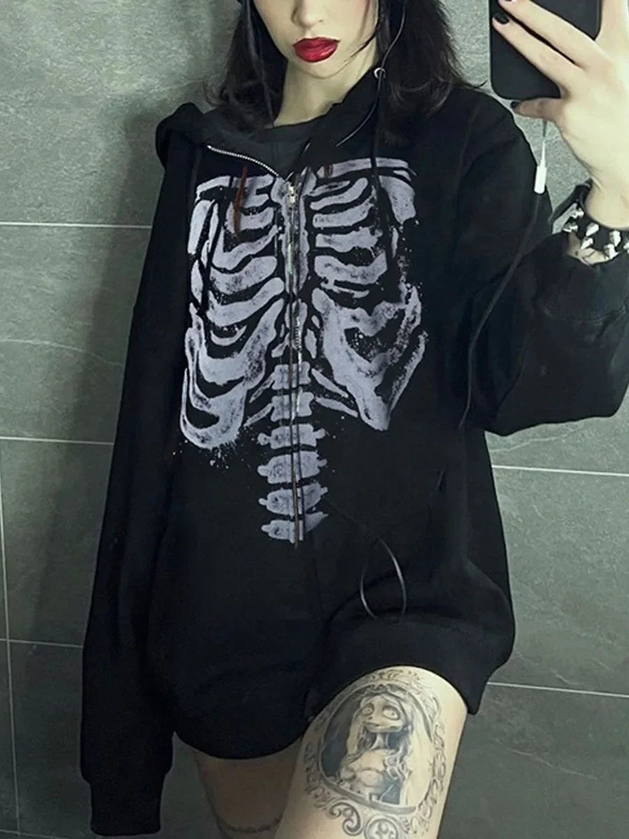 Oversized Skeleton Ribcage Zip-Up Hoodie