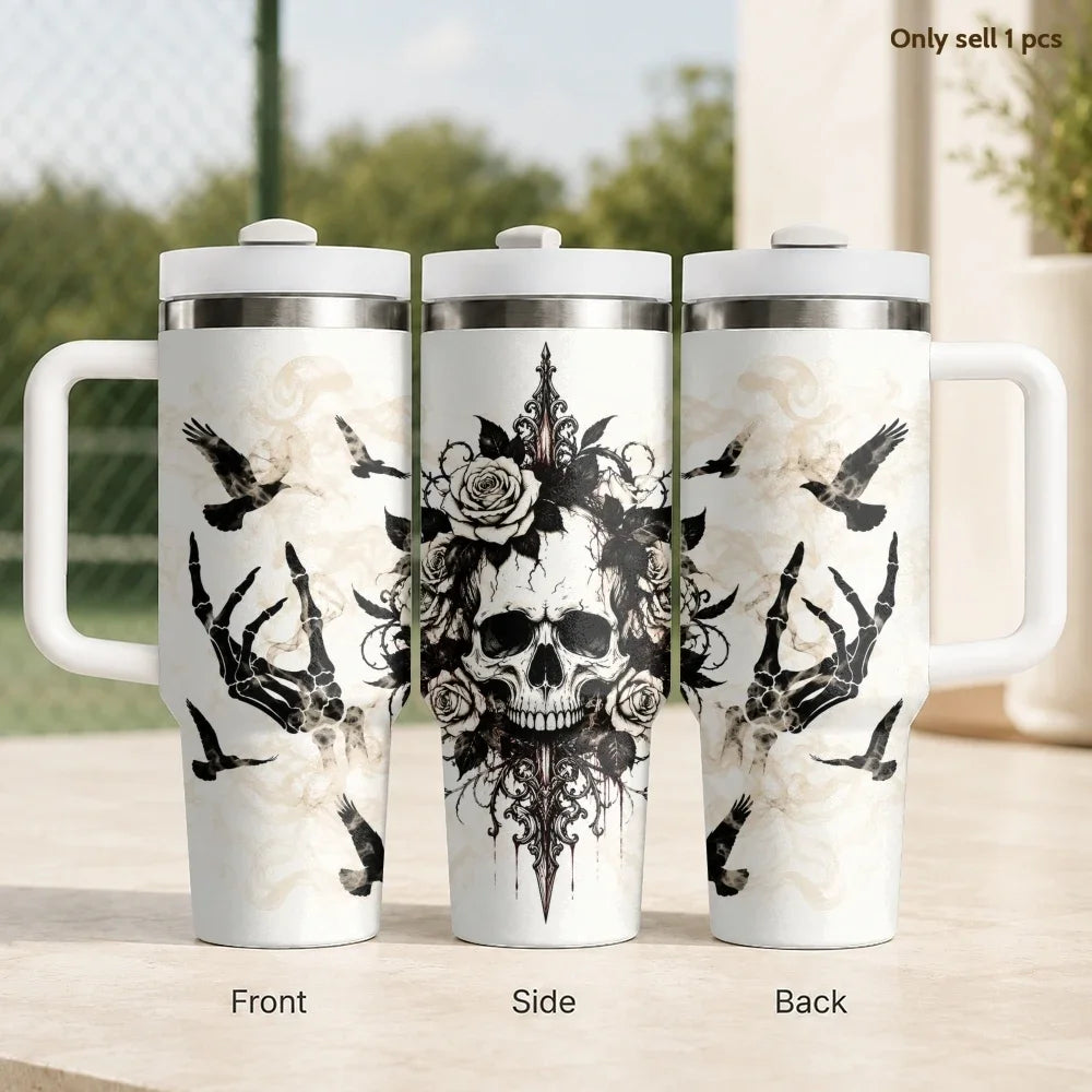 40oz Gothic Skull & Raven Insulated Tumbler with Handle