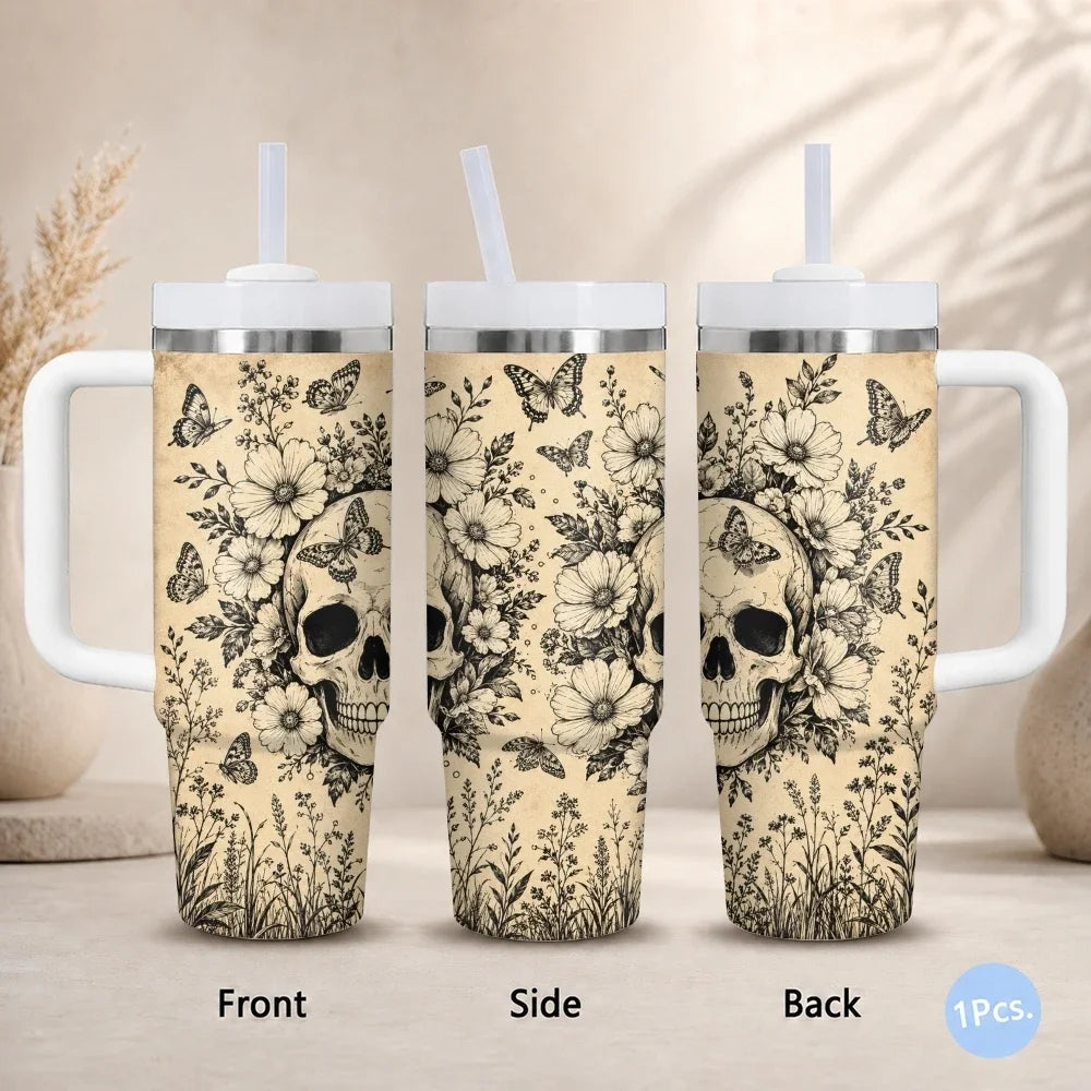 40oz Gothic Skull & Floral Insulated Tumbler with Handle