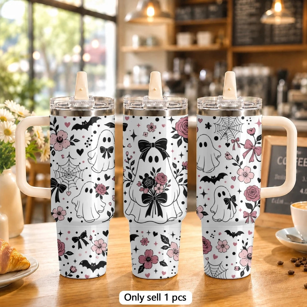 40oz Cute Ghost & Pumpkin Halloween Tumbler with Handle & Straw