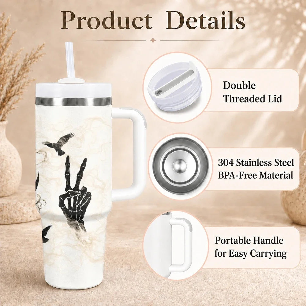 40oz Gothic Skull & Raven Insulated Tumbler with Handle