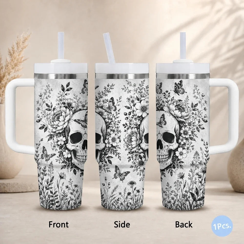 40oz Gothic Skull & Floral Insulated Tumbler with Handle