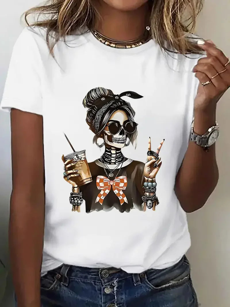 Spooky Skeleton Halloween T-Shirt – Women’s Witch Graphic Tee