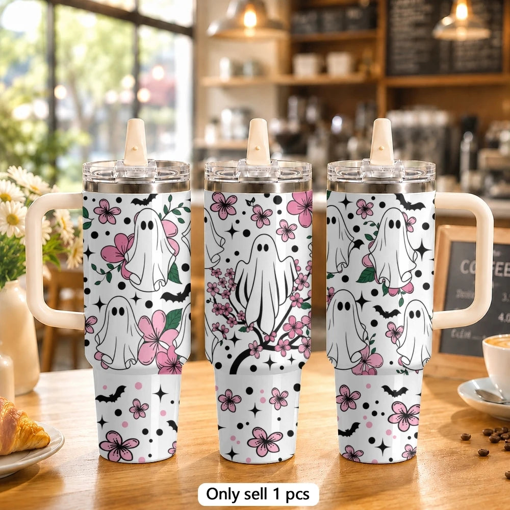 40oz Cute Ghost & Pumpkin Halloween Tumbler with Handle & Straw