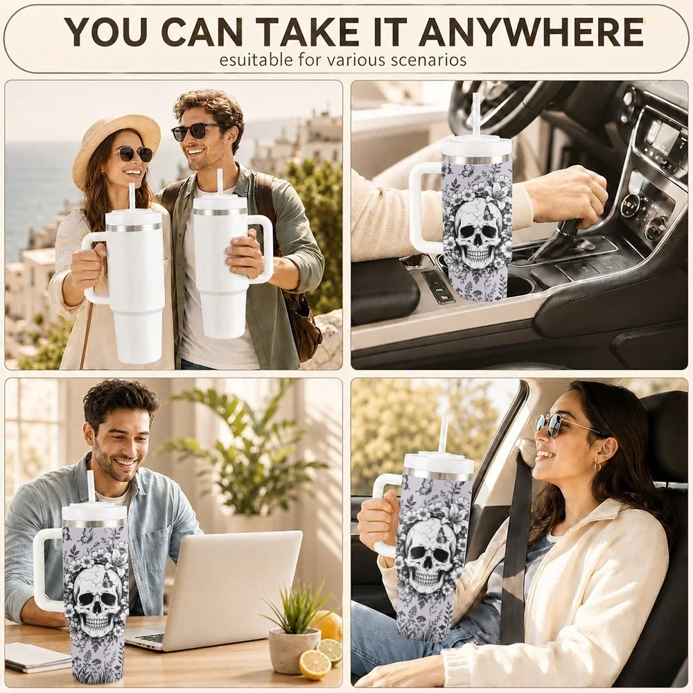 40oz Gothic Skull & Floral Insulated Tumbler with Handle