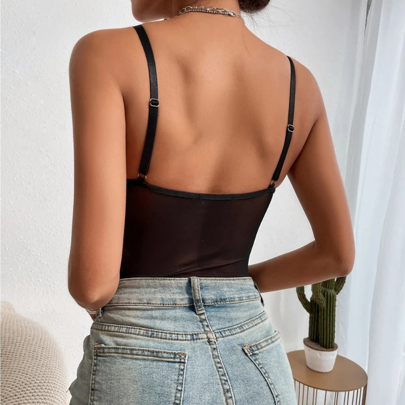 Black Sheer Mesh Corset-Style Bodysuit