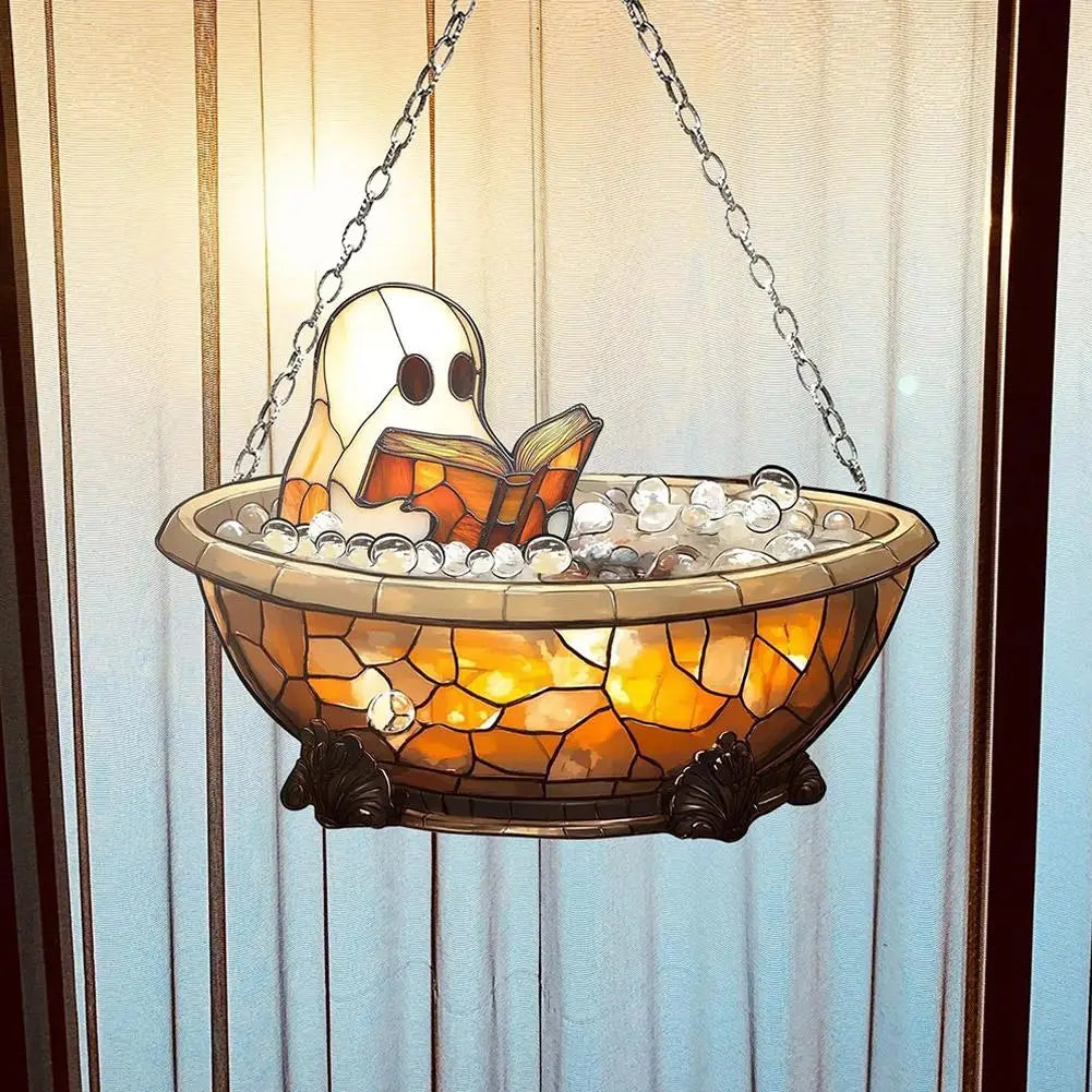 Stained Glass Ghost Hanging Ornament | Halloween Suncatcher Decor