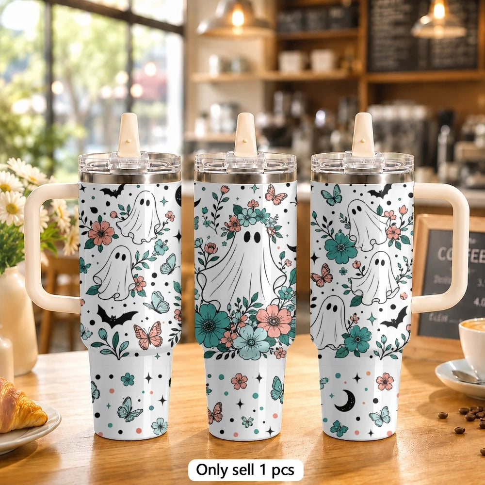 40oz Cute Ghost & Pumpkin Halloween Tumbler with Handle & Straw
