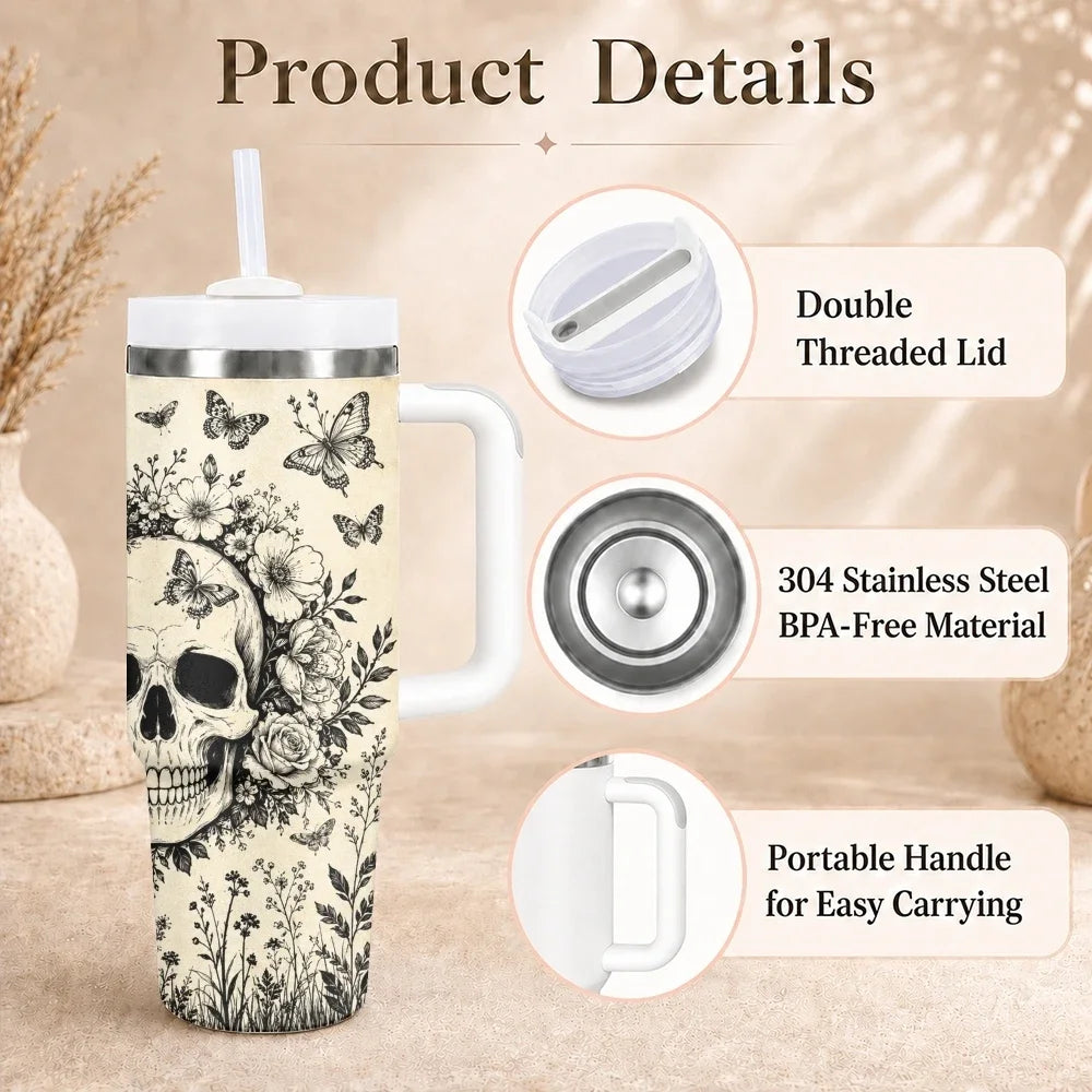 40oz Gothic Skull & Floral Insulated Tumbler with Handle