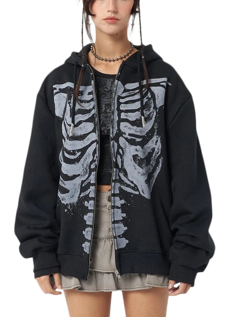 Oversized Skeleton Ribcage Zip-Up Hoodie