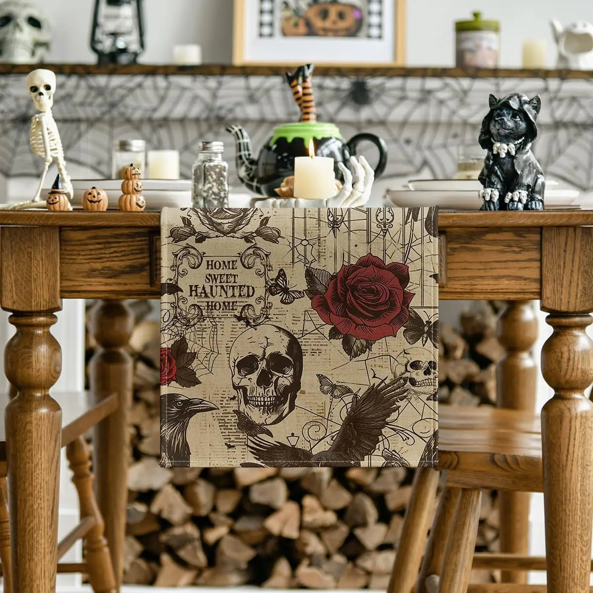 Vintage Gothic Skull & Rose Table Runner | Halloween Table Decor