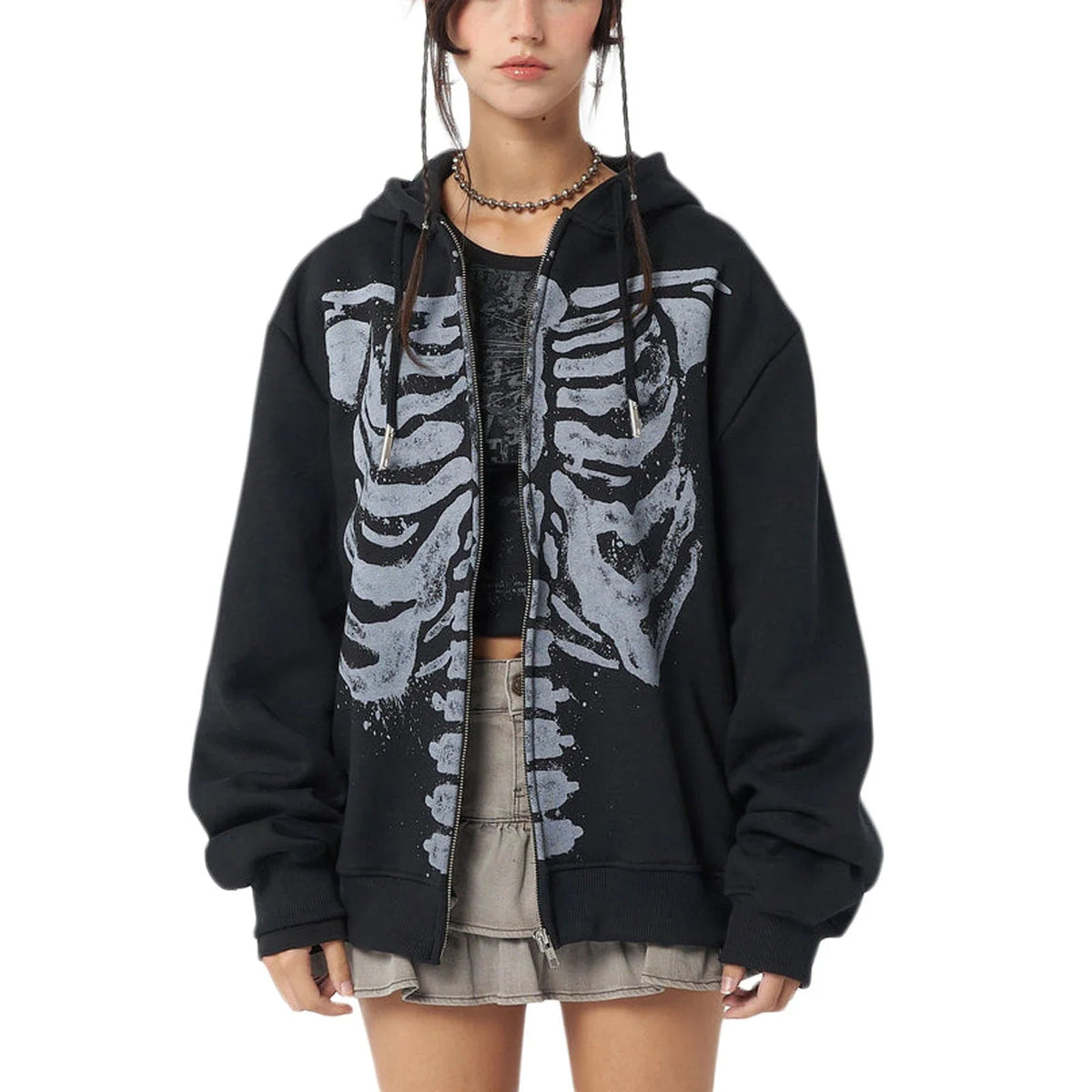 Oversized Skeleton Ribcage Zip-Up Hoodie