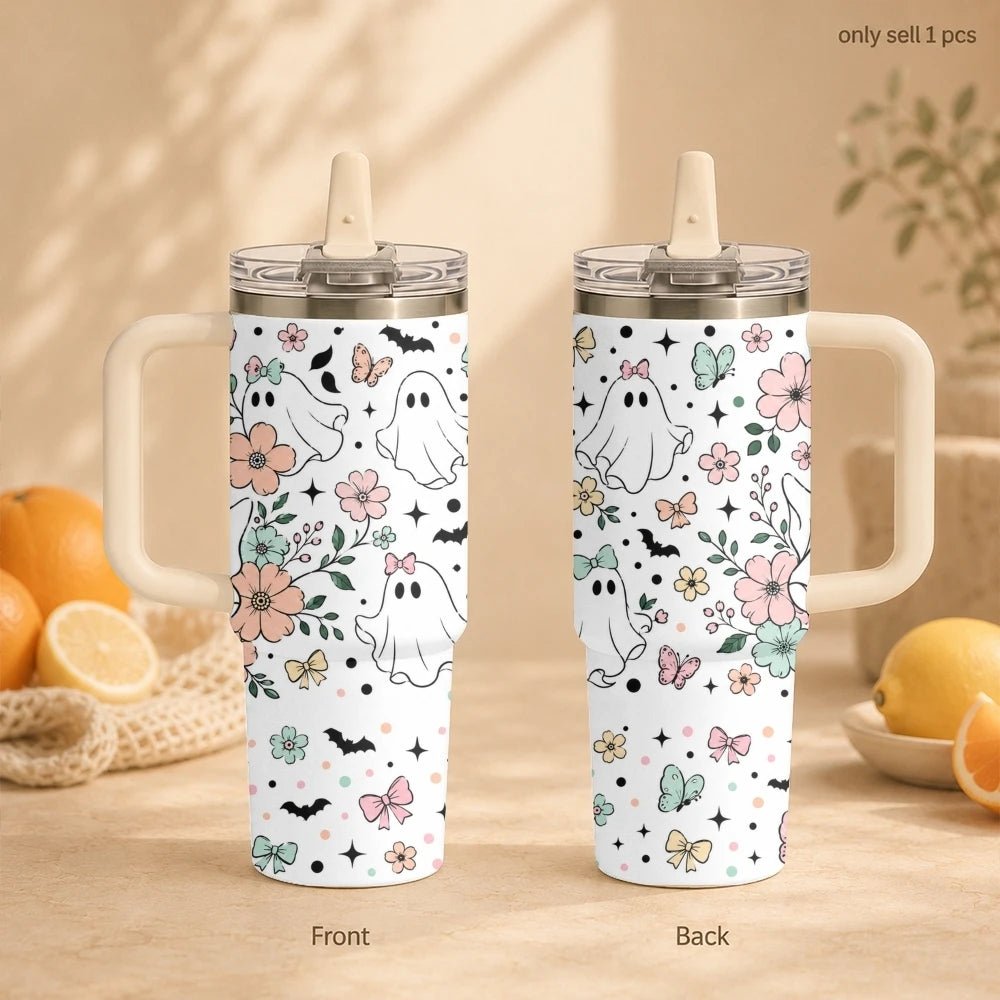 40oz Cute Ghost & Pumpkin Halloween Tumbler with Handle & Straw