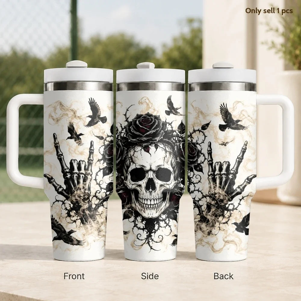 40oz Gothic Skull & Raven Insulated Tumbler with Handle