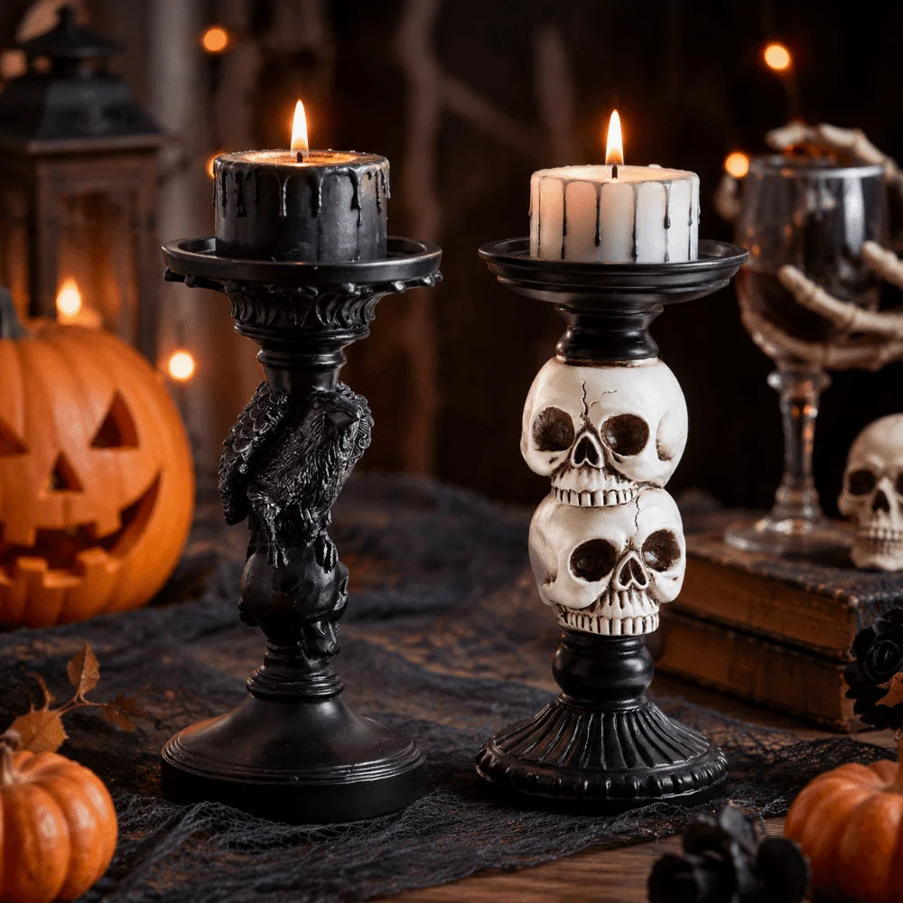 Gothic Skull & Raven Candle Holder | Dark Decor