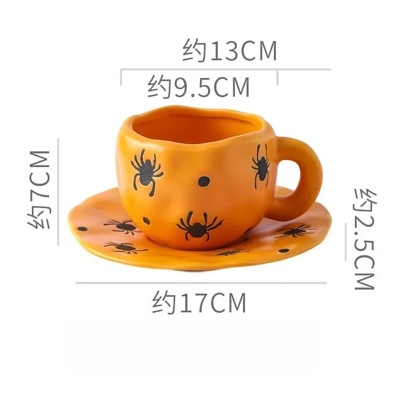Halloween Pumpkin & Ghost Ceramic Coffee Cup with Saucer – 10 oz Spooky Mug