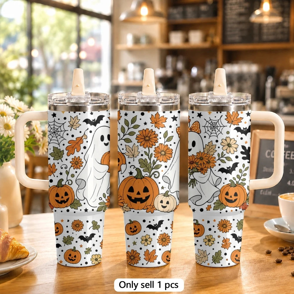 40oz Cute Ghost & Pumpkin Halloween Tumbler with Handle & Straw