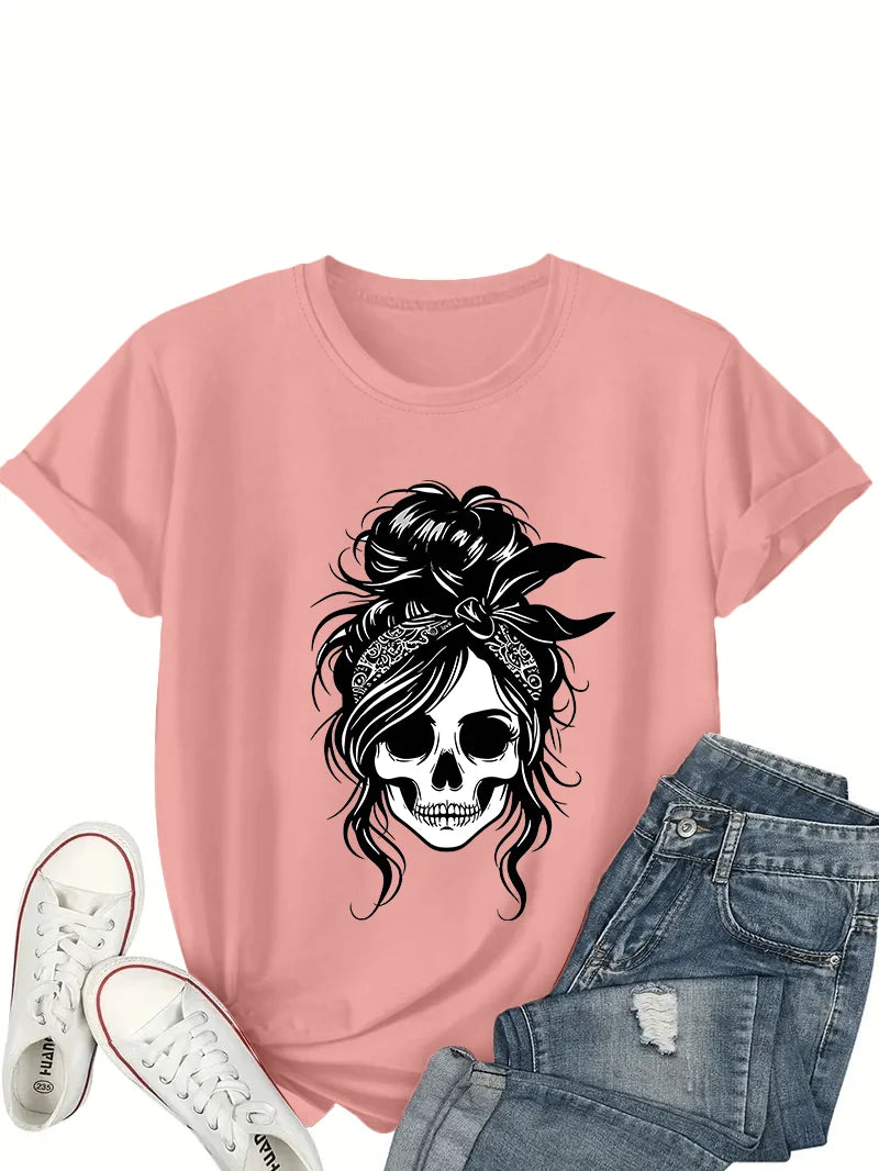 Women’s Skull Halloween T-Shirt – Spooky Messy Bun Graphic Tee