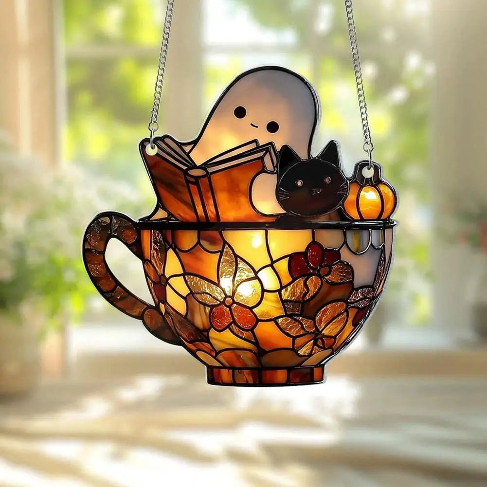 Stained Glass Ghost Hanging Ornament | Halloween Suncatcher Decor