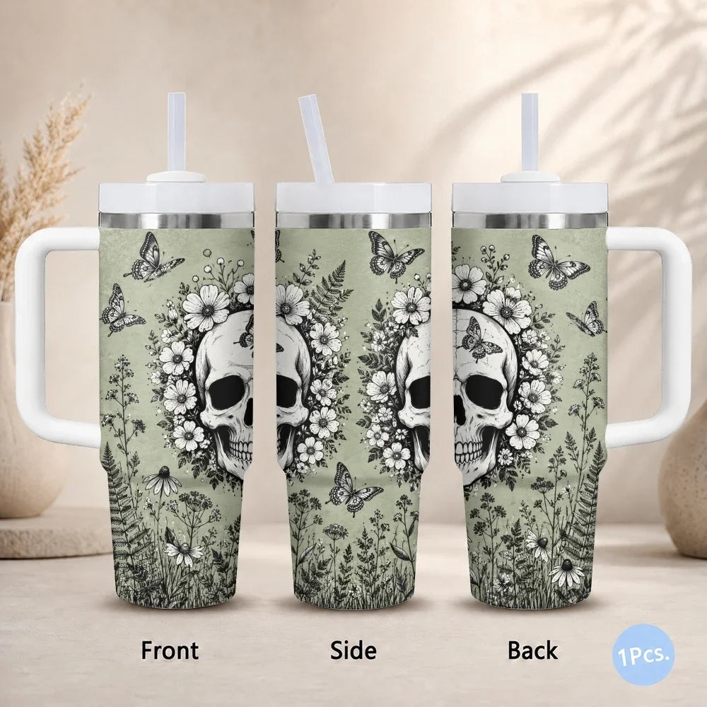 40oz Gothic Skull & Floral Insulated Tumbler with Handle