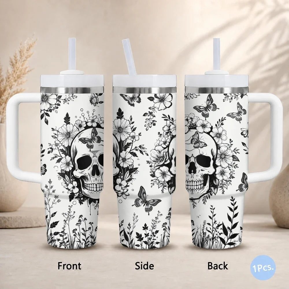 40oz Gothic Skull & Floral Insulated Tumbler with Handle