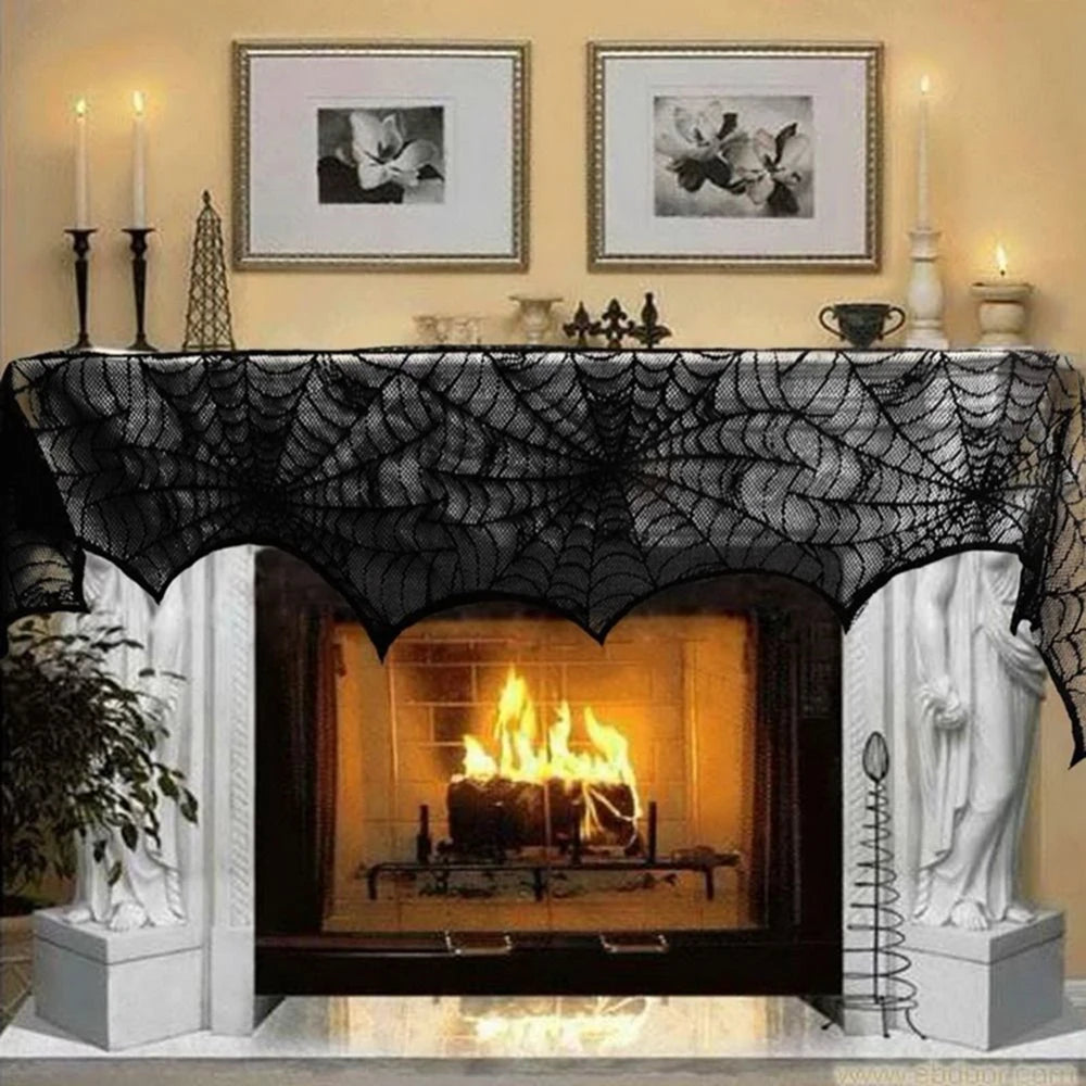 Halloween Spider Web Mantel Cover | Gothic Fireplace Decor