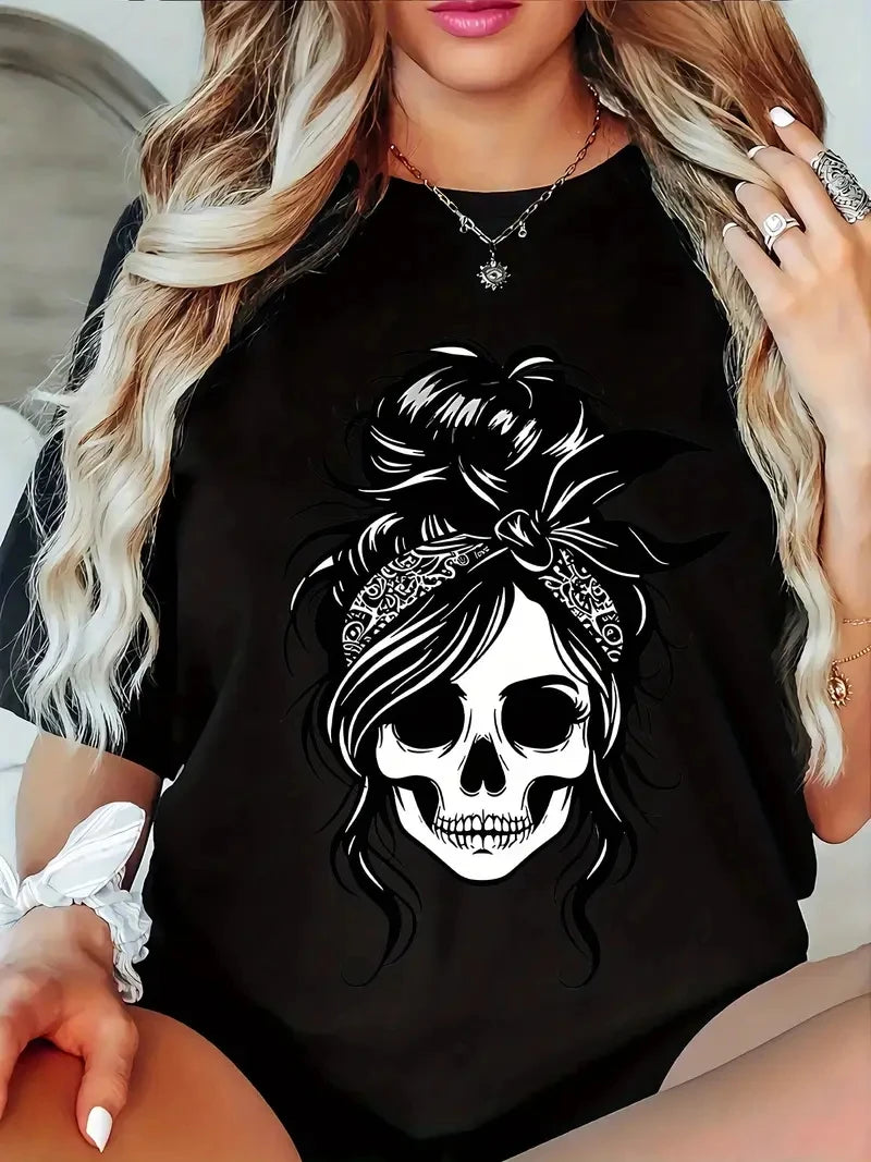 Women’s Skull Halloween T-Shirt – Spooky Messy Bun Graphic Tee