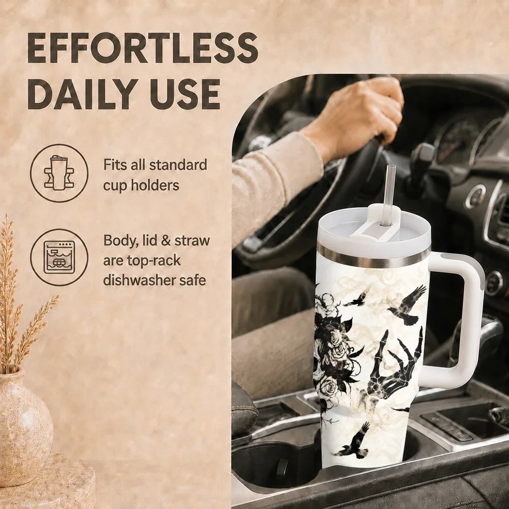 40oz Gothic Skull & Raven Insulated Tumbler with Handle
