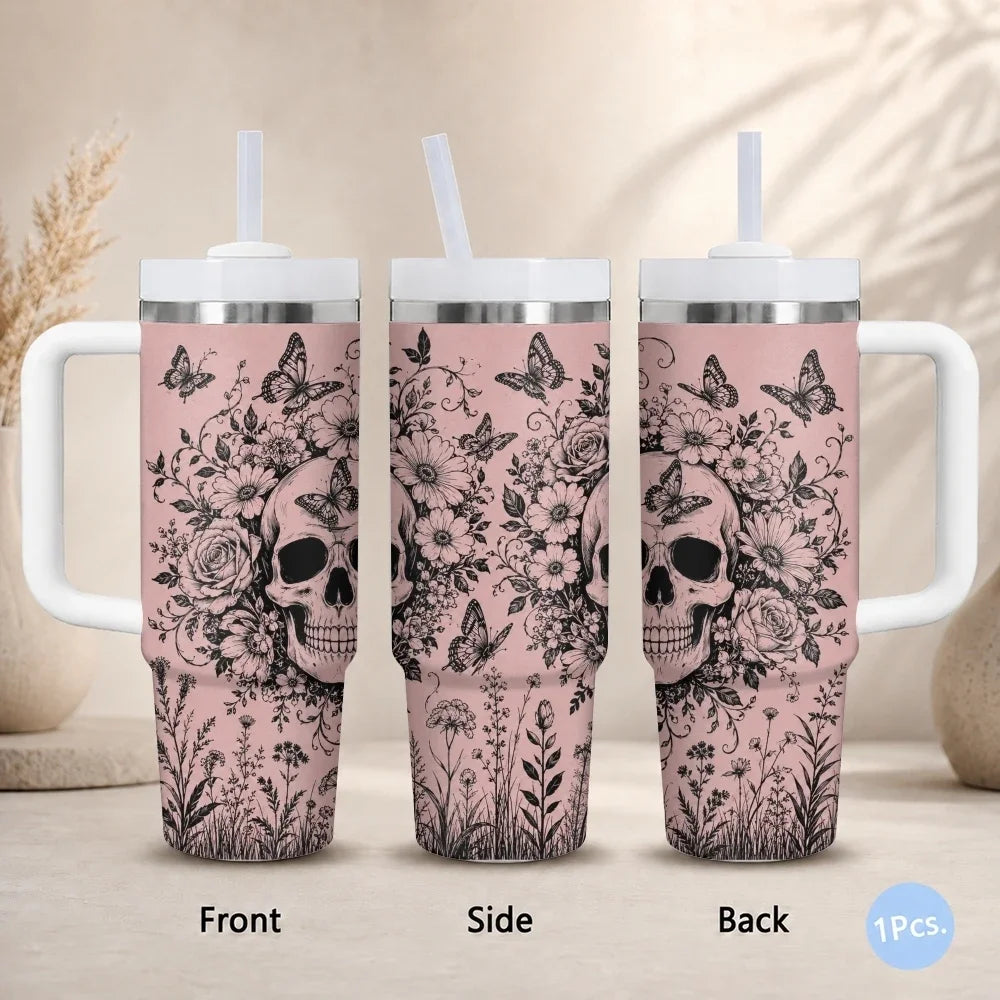 40oz Gothic Skull & Floral Insulated Tumbler with Handle
