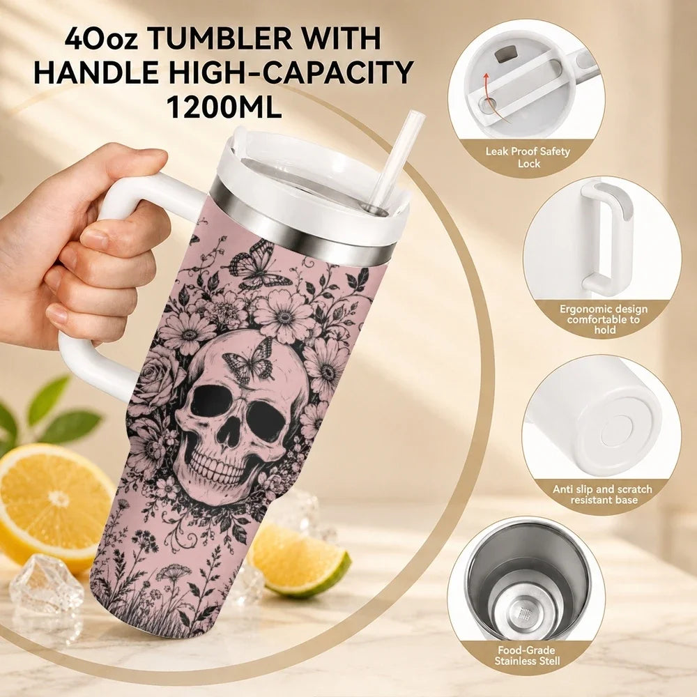 40oz Gothic Skull & Floral Insulated Tumbler with Handle