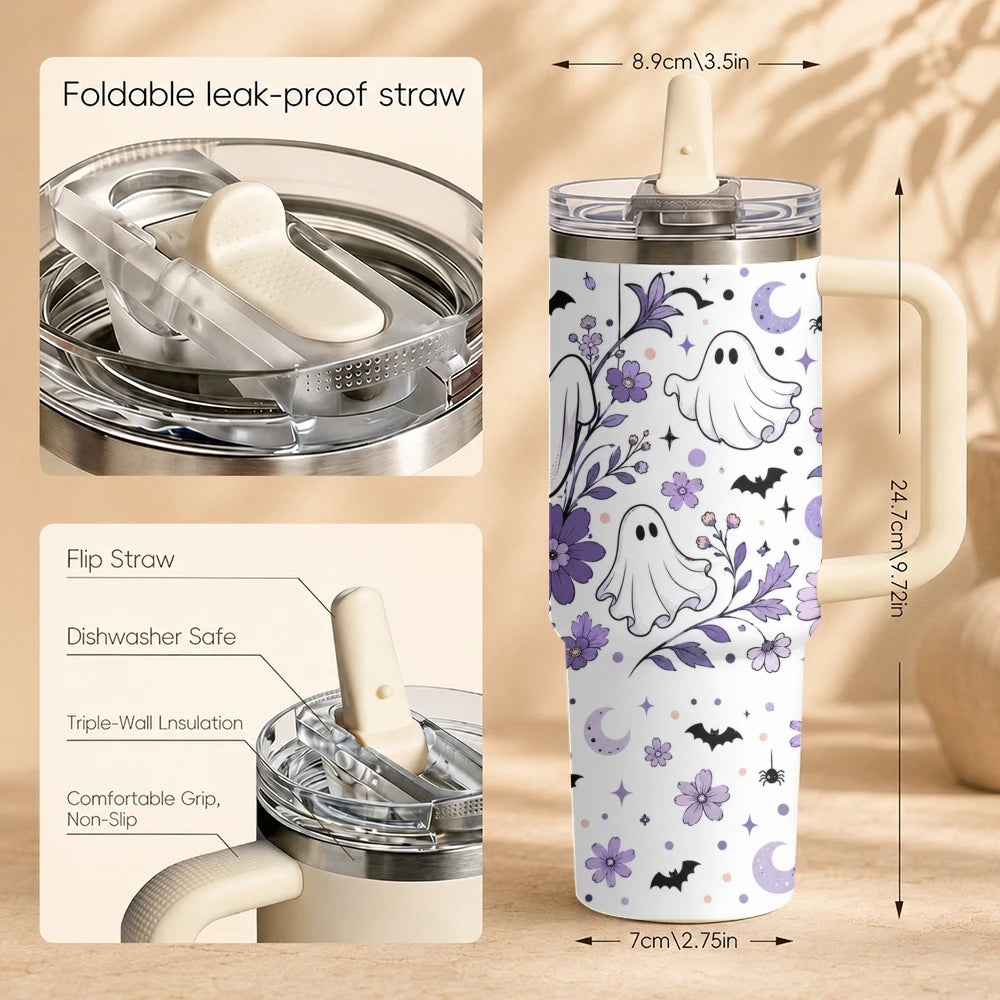 40oz Cute Ghost & Pumpkin Halloween Tumbler with Handle & Straw