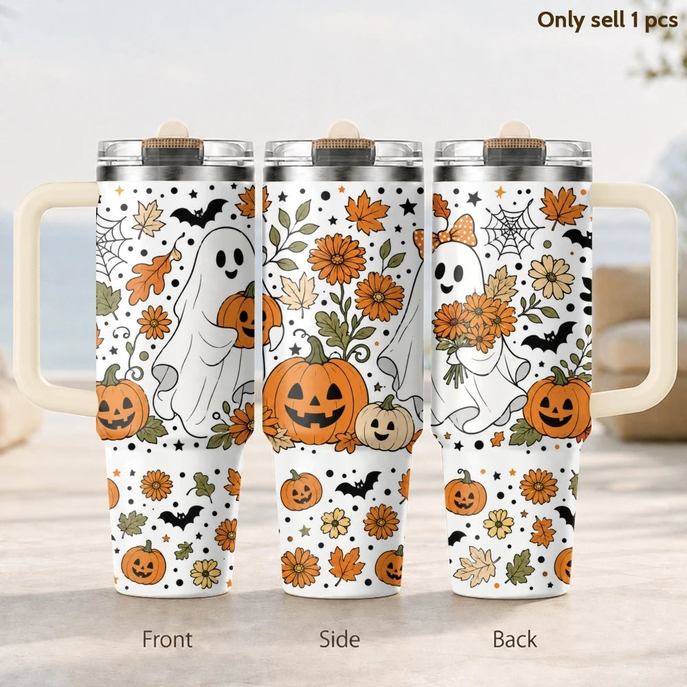 40oz Cute Ghost & Pumpkin Halloween Tumbler with Handle & Straw