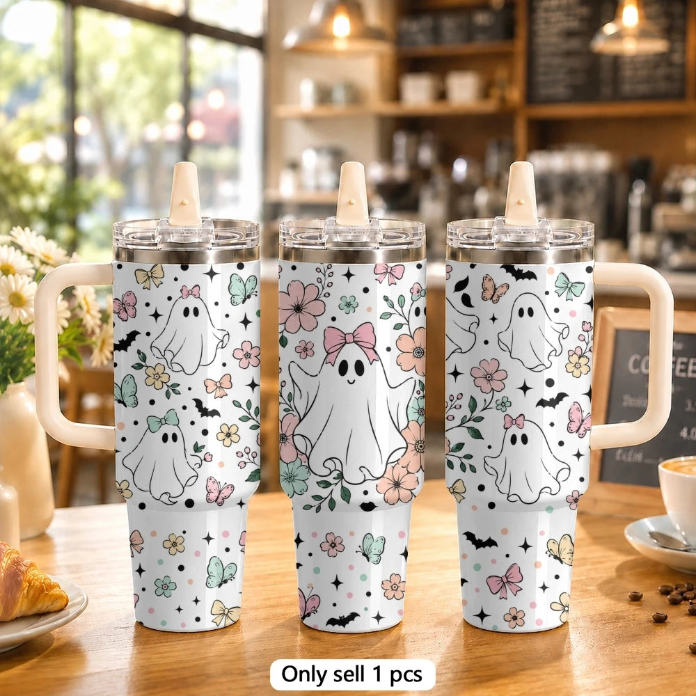 40oz Cute Ghost & Pumpkin Halloween Tumbler with Handle & Straw