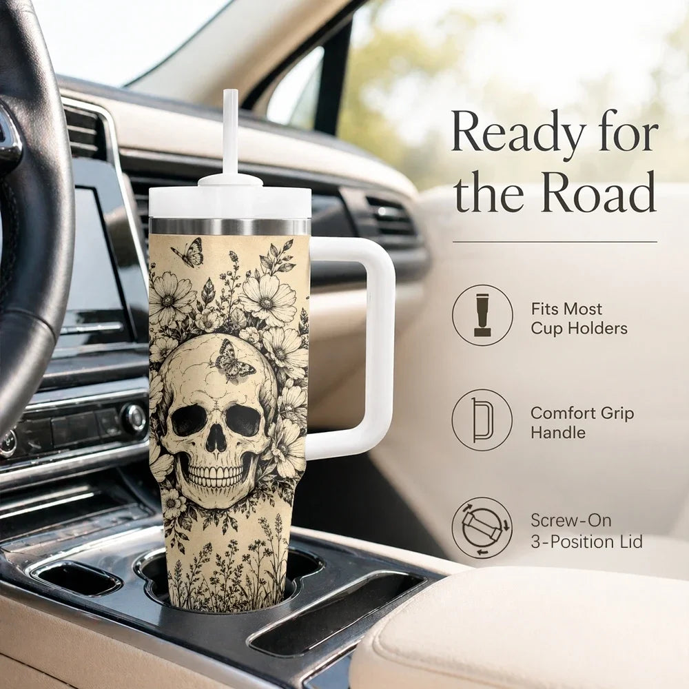 40oz Gothic Skull & Floral Insulated Tumbler with Handle