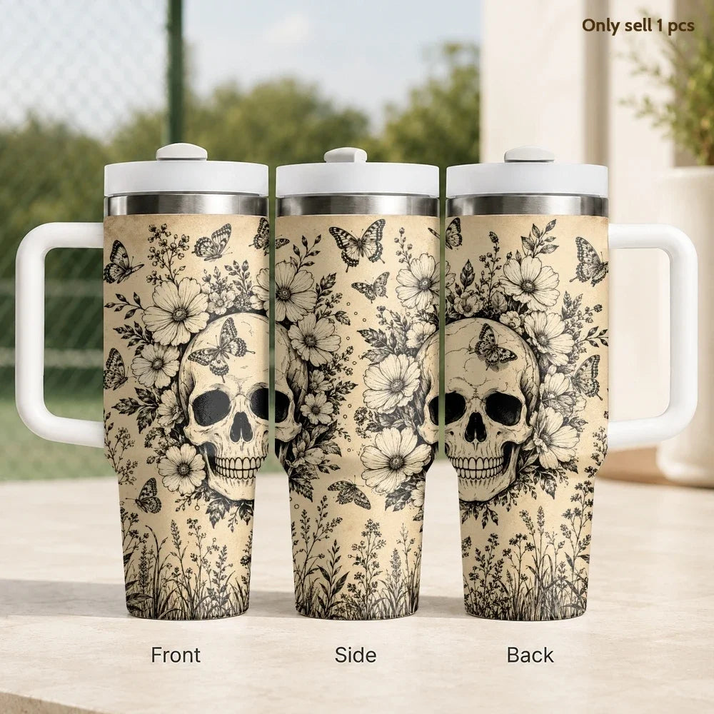 40oz Gothic Skull & Floral Insulated Tumbler with Handle