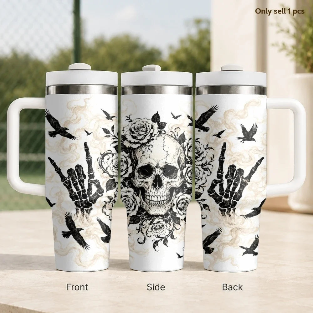 40oz Gothic Skull & Raven Insulated Tumbler with Handle
