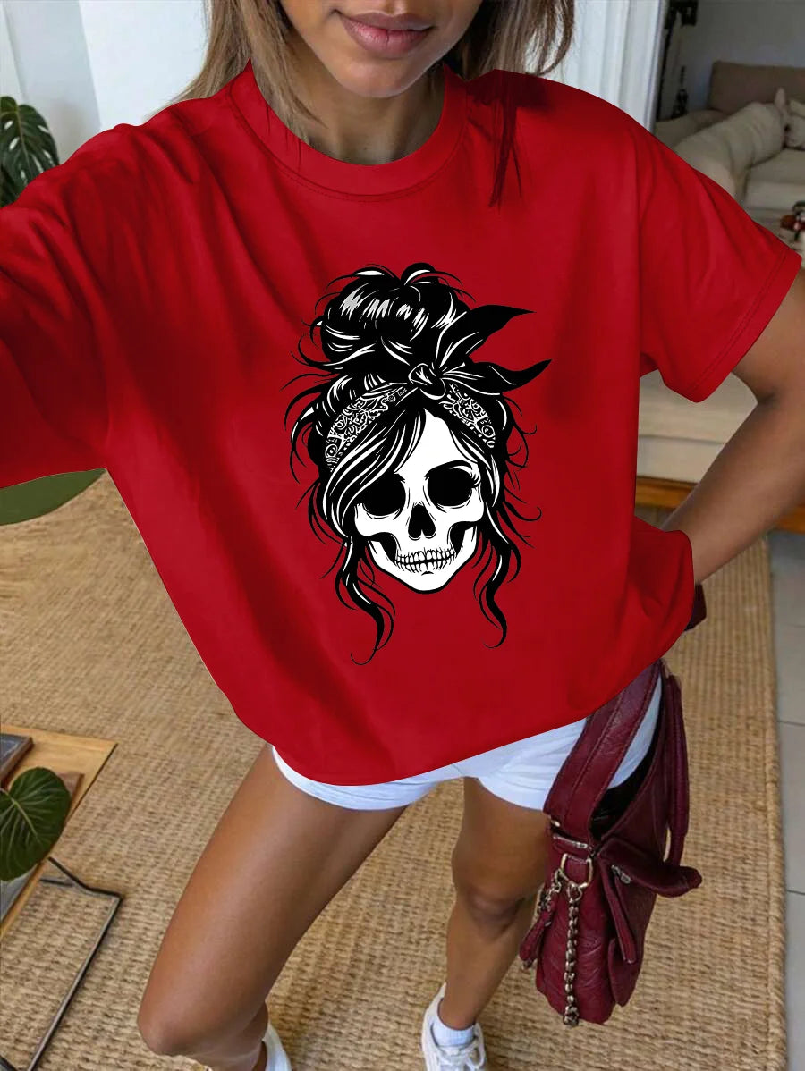 Women’s Skull Halloween T-Shirt – Spooky Messy Bun Graphic Tee